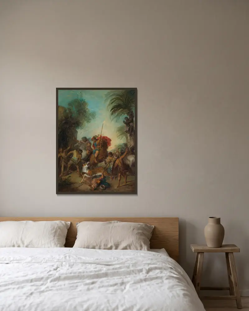 The Tiger Hunt av Nicolas Lancret inramad på en vägg