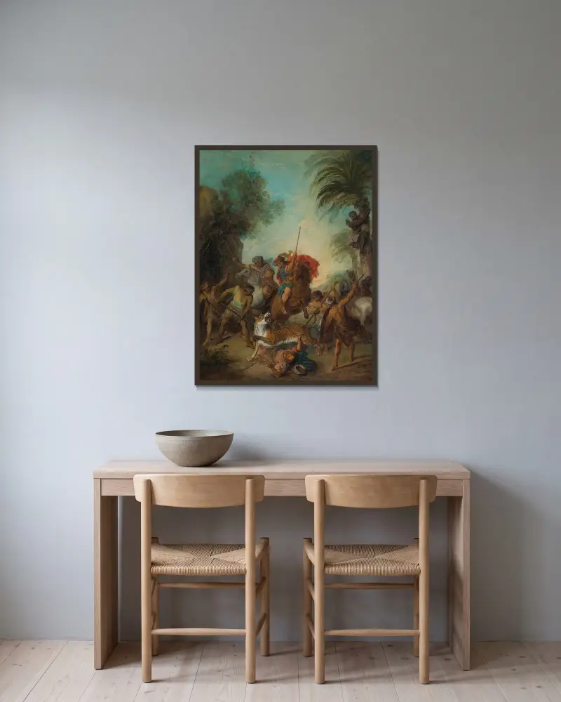 The Tiger Hunt av Nicolas Lancret inramad på en vägg