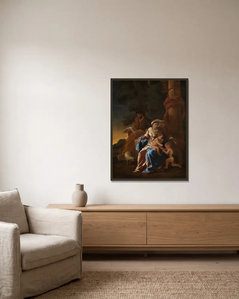 Den heliga familjen med Johannes Döparen som barn av Nicolas Poussin inramad på en vägg