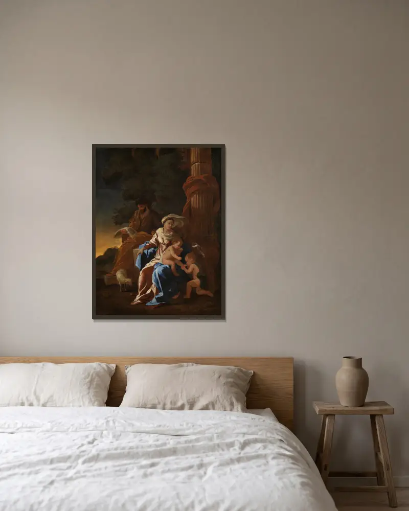 Den heliga familjen med Johannes Döparen som barn av Nicolas Poussin inramad på en vägg