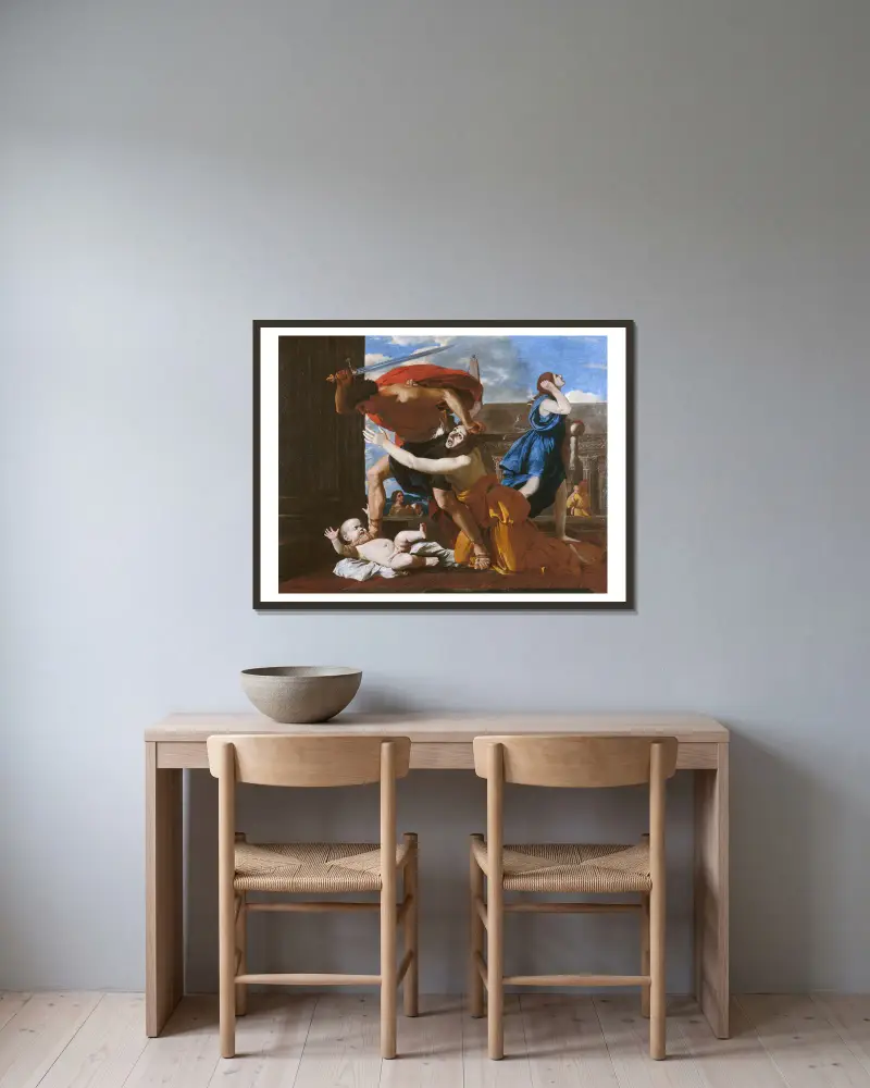 Der Kindermord in Bethlehem, 1625 von Nicolas Poussin gerahmt an einer Wand