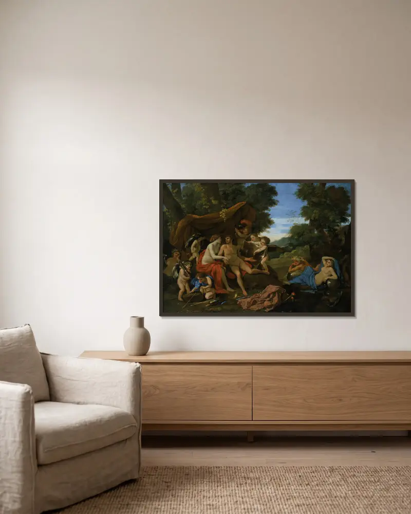 Mars and Venus av Nicolas Poussin inramad på en vägg