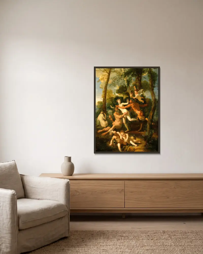 Pan and Syrinx av Nicolas Poussin inramad på en vägg