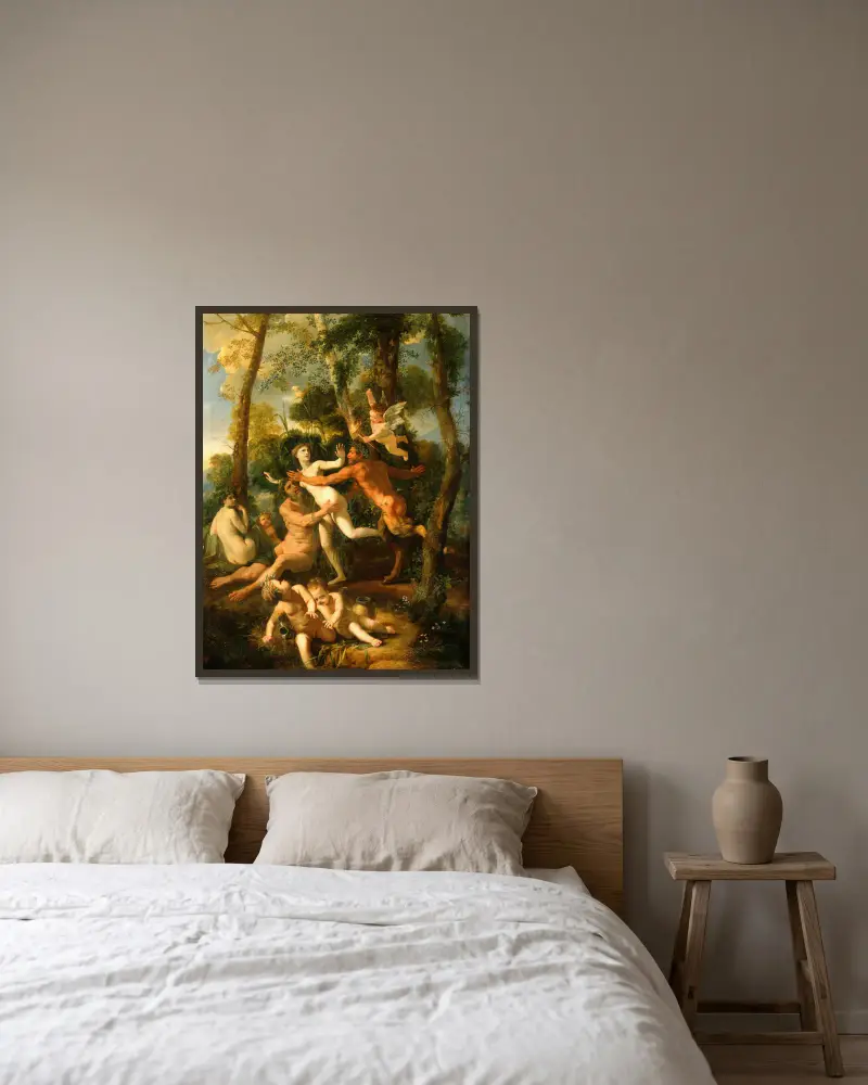 Pan and Syrinx av Nicolas Poussin inramad på en vägg