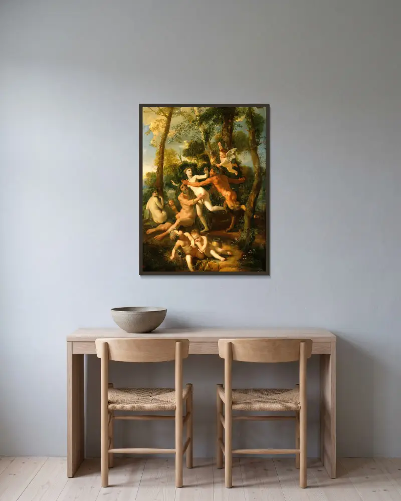 Pan and Syrinx av Nicolas Poussin inramad på en vägg