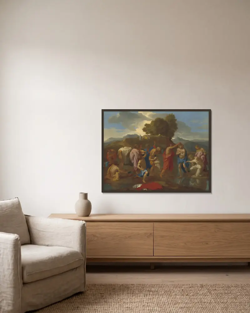 Die Taufe Christi von Nicolas Poussin gerahmt an einer Wand