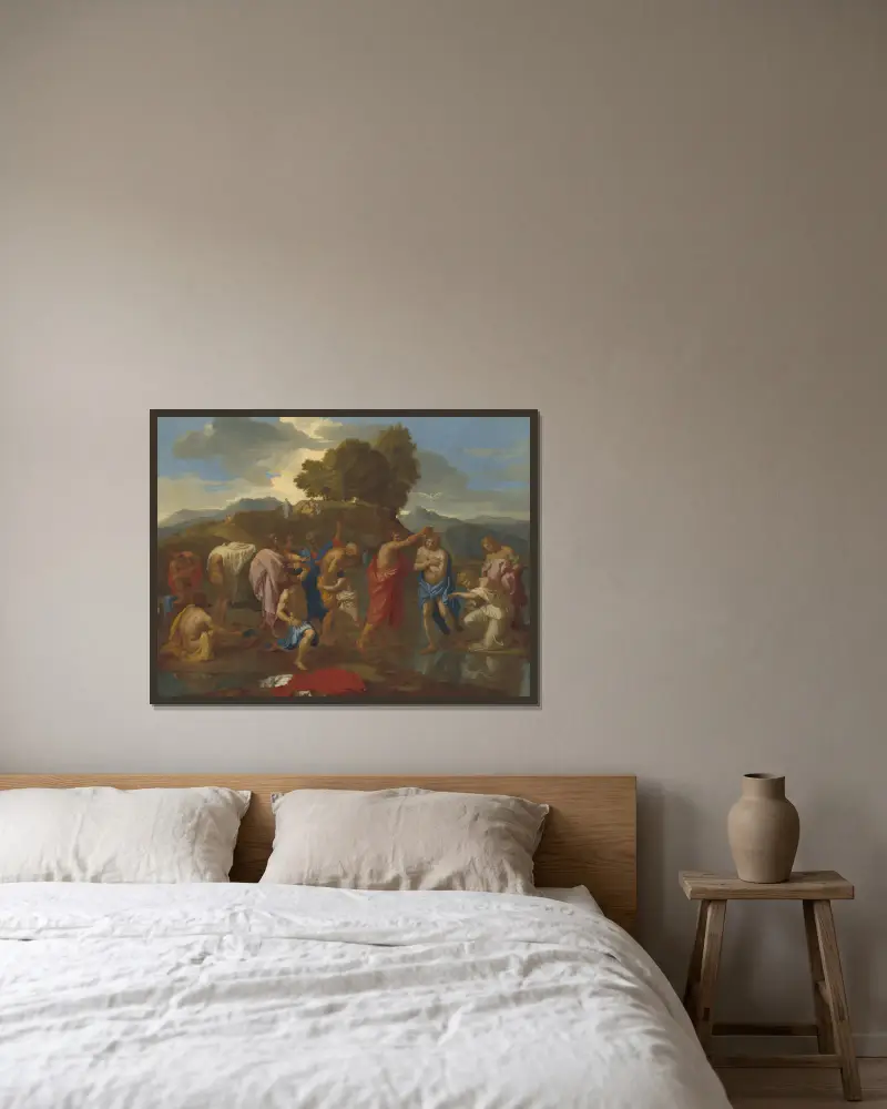 Die Taufe Christi von Nicolas Poussin gerahmt an einer Wand