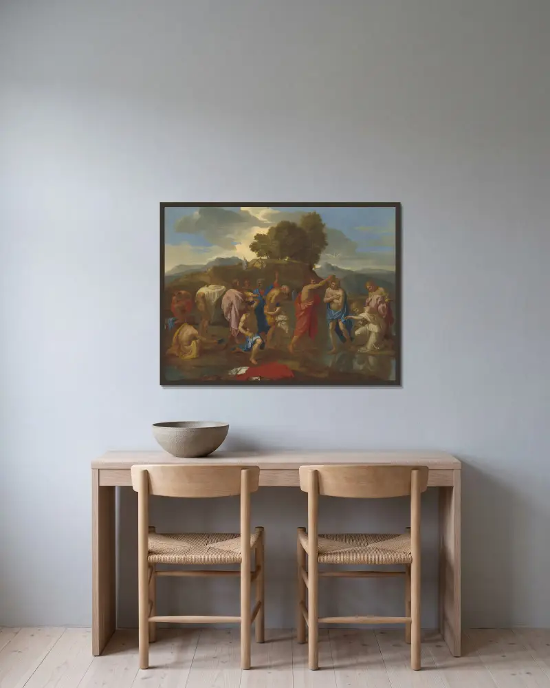 Die Taufe Christi von Nicolas Poussin gerahmt an einer Wand