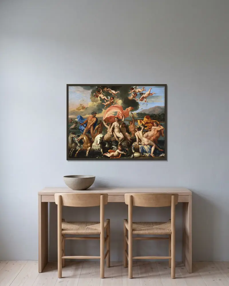 Die Geburt der Venus von Nicolas Poussin gerahmt an einer Wand