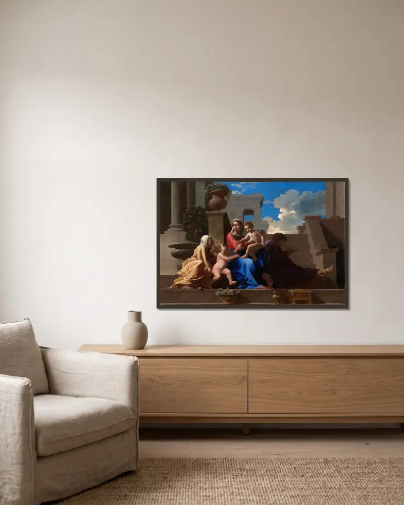 Den heliga familjen på trappan av Nicolas Poussin inramad på en vägg