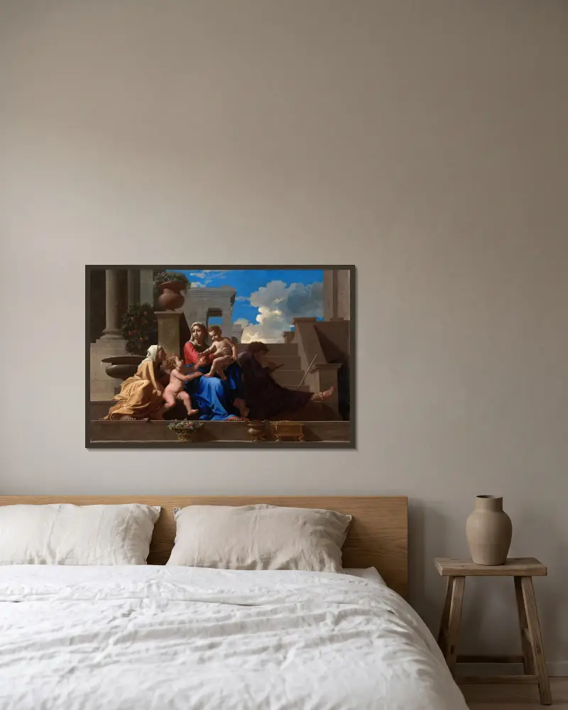 Den heliga familjen på trappan av Nicolas Poussin inramad på en vägg