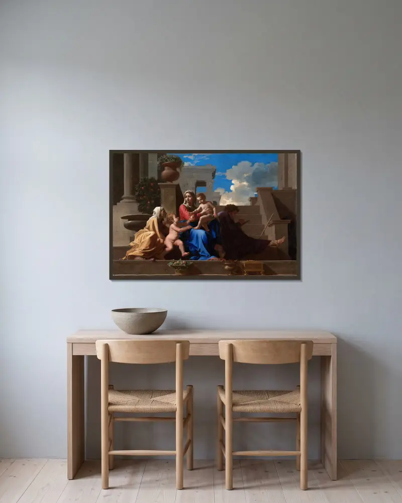 Den heliga familjen på trappan av Nicolas Poussin inramad på en vägg