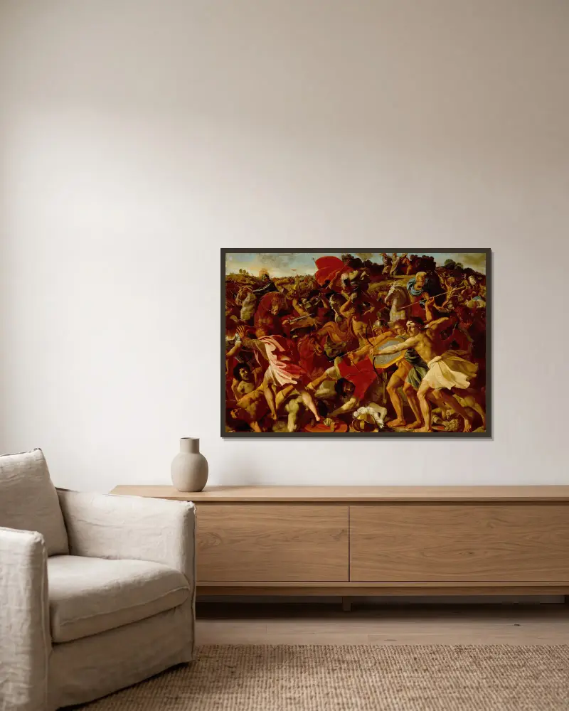 The Victory of Joshua over the Amalekites av Nicolas Poussin inramad på en vägg