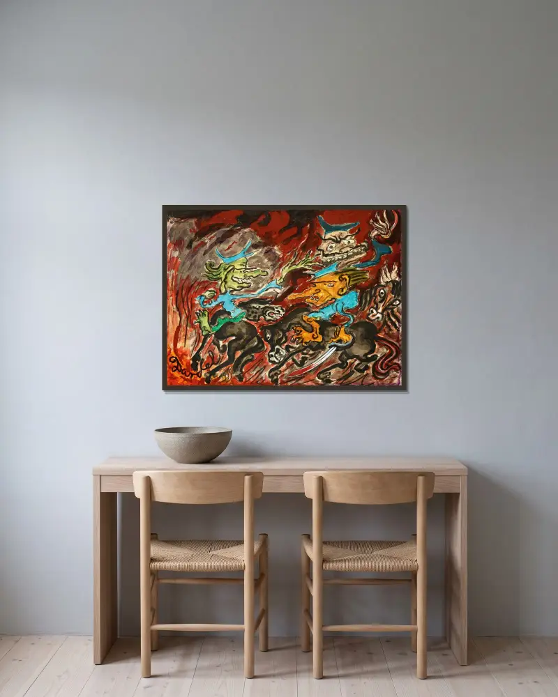 Dödens husarer av Nils Dardel inramad på en vägg