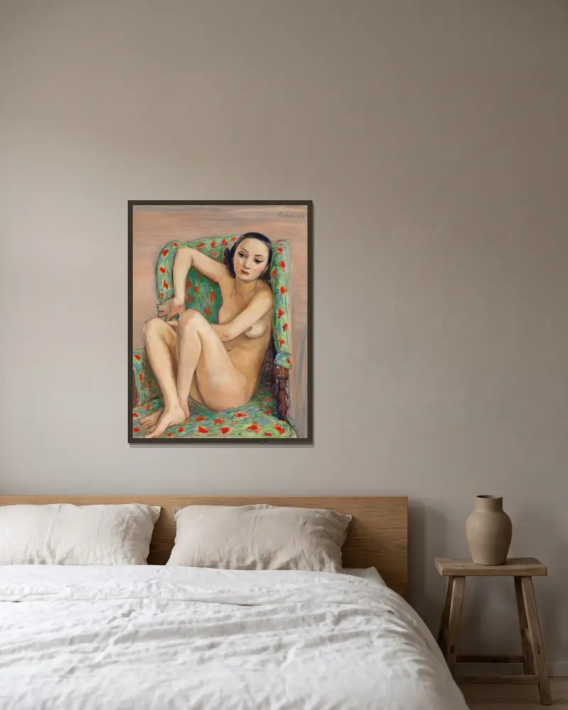 Modell i grön stol av Nils Dardel inramad på en vägg