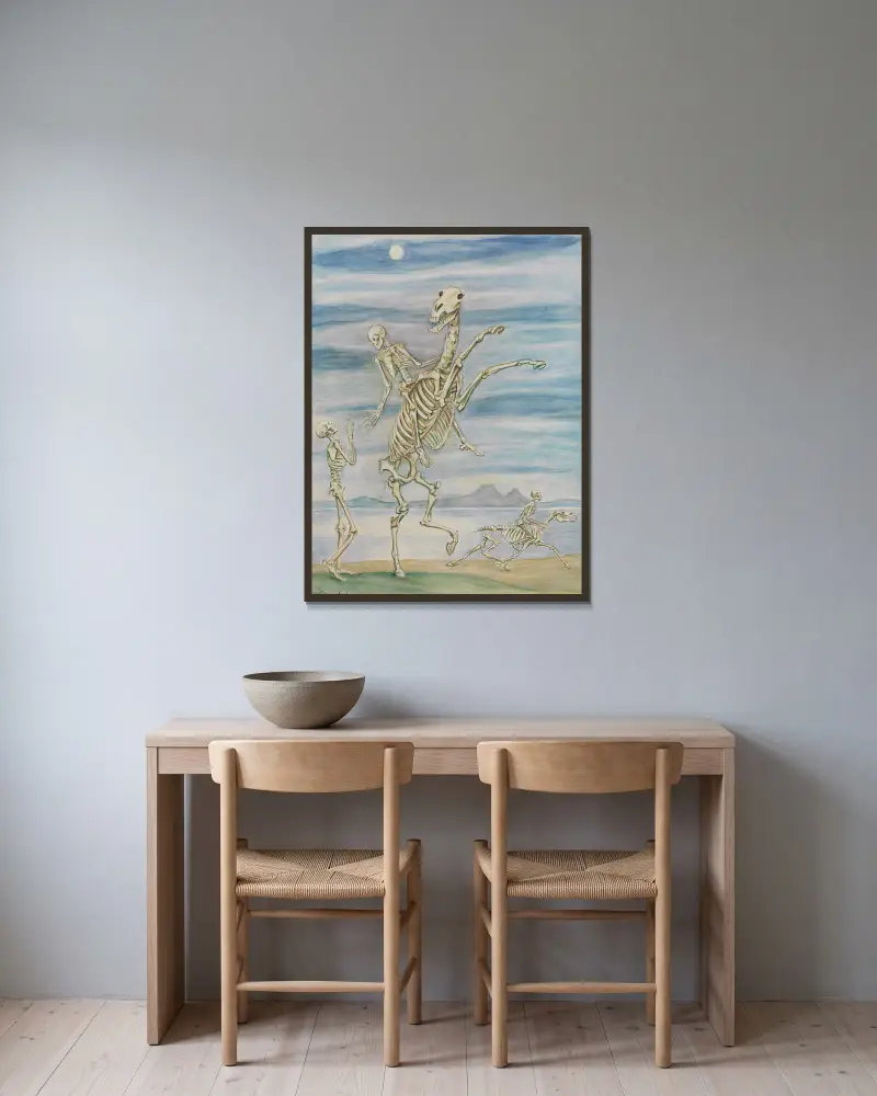 Skelett till häst av Nils Dardel inramad på en vägg