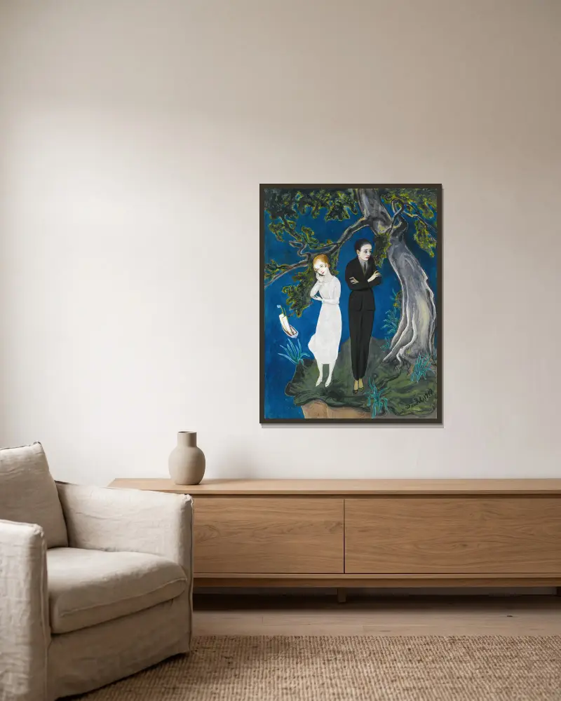 Ung man i svart, flicka i vitt av Nils Dardel inramad på en vägg