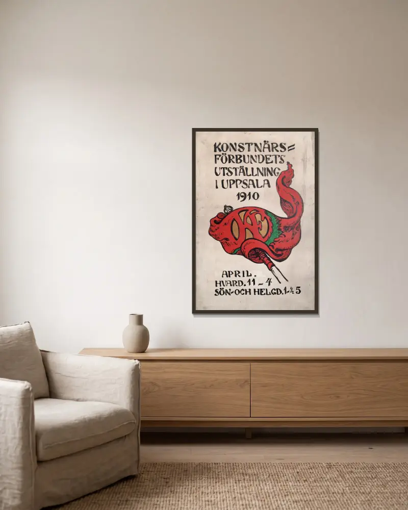 Poster for the Artists’ Society’s Exhibition in Uppsala av Nils Kreuger inramad på en vägg