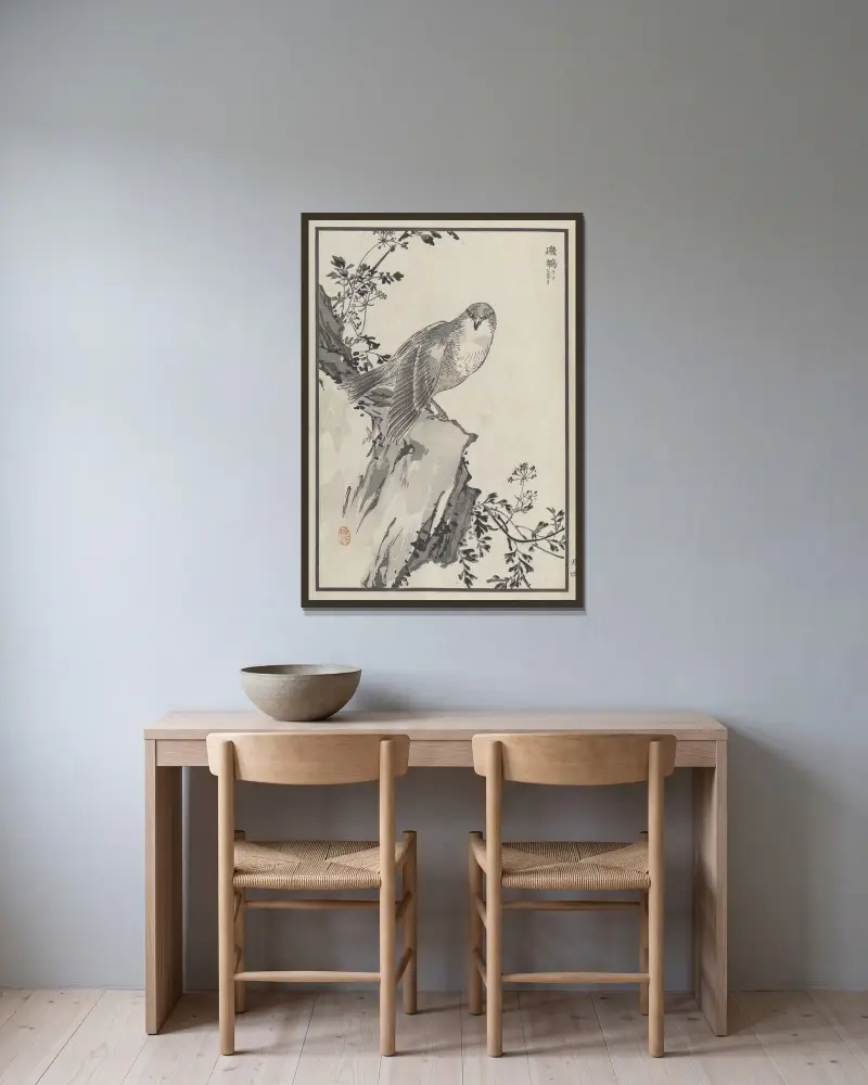 Bairei hyakuchō gafu. Ten Pl.07 von Kōno Bairei gerahmt an einer Wand