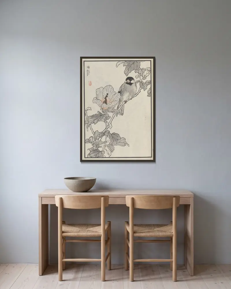 Bairei hyakuchō gafu. Himlen, plansch 13 av Kōno Bairei inramad på en vägg