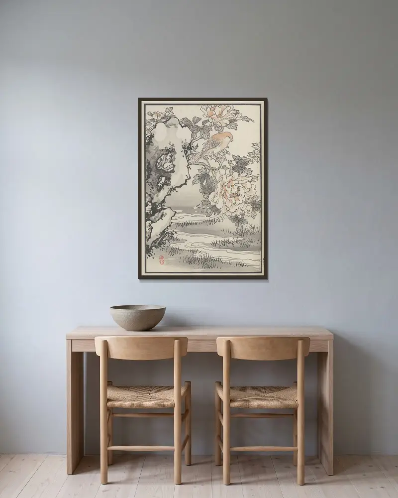 Bairei hyakuchō gafu. Ten Pl.19 von Kōno Bairei gerahmt an einer Wand