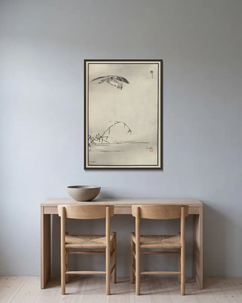 Bairei hyakuchō gafu. Himlen, plansch 26 av Kōno Bairei inramad på en vägg