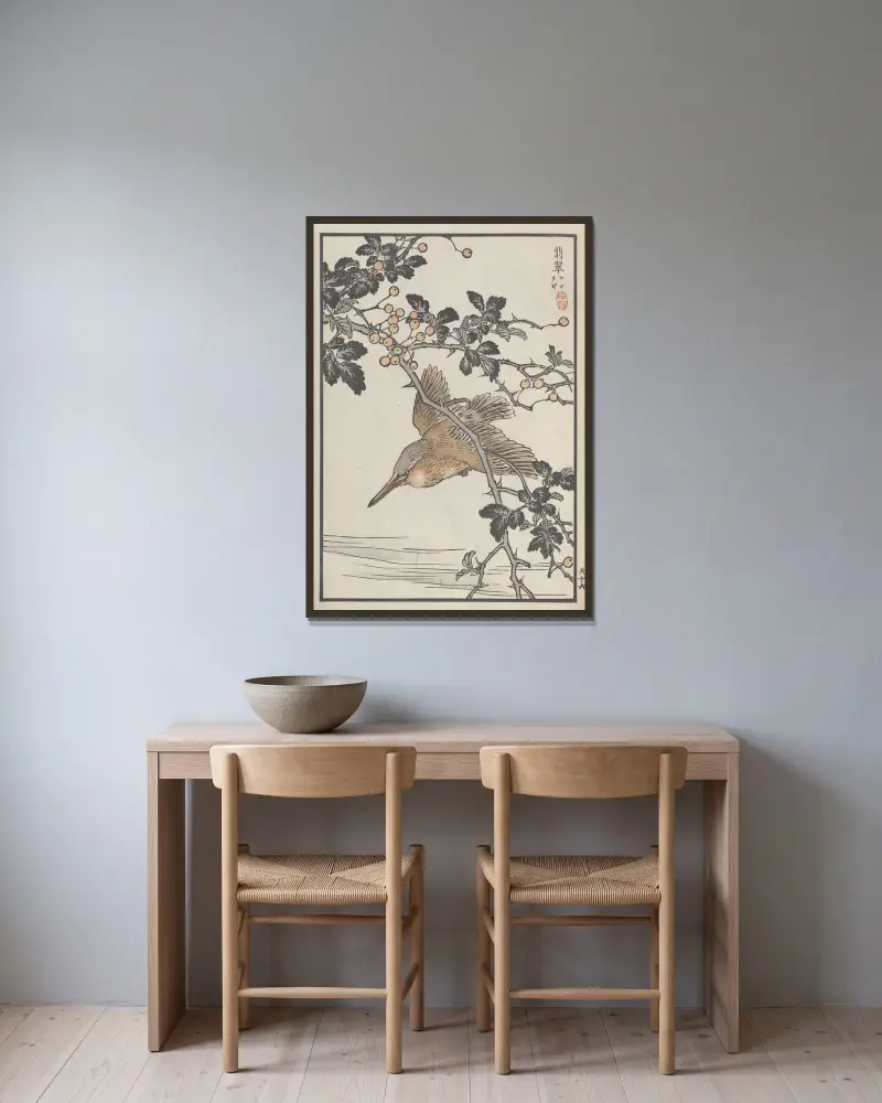 Bairei hyakuchō gafu. Himlen, plansch 31 av Kōno Bairei inramad på en vägg