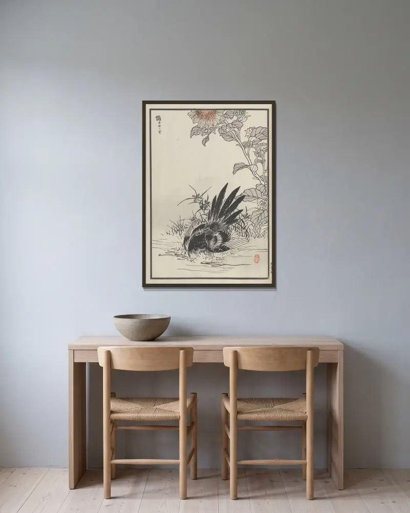 Bairei hyakuchō gafu. Himlen, plansch 33 av Kōno Bairei inramad på en vägg