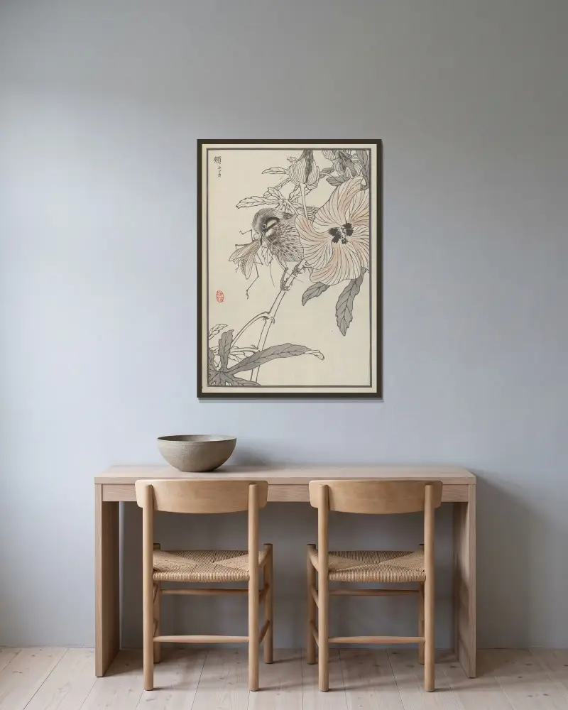 Bairei hyakuchō gafu. Himlen, plansch 36 av Kōno Bairei inramad på en vägg