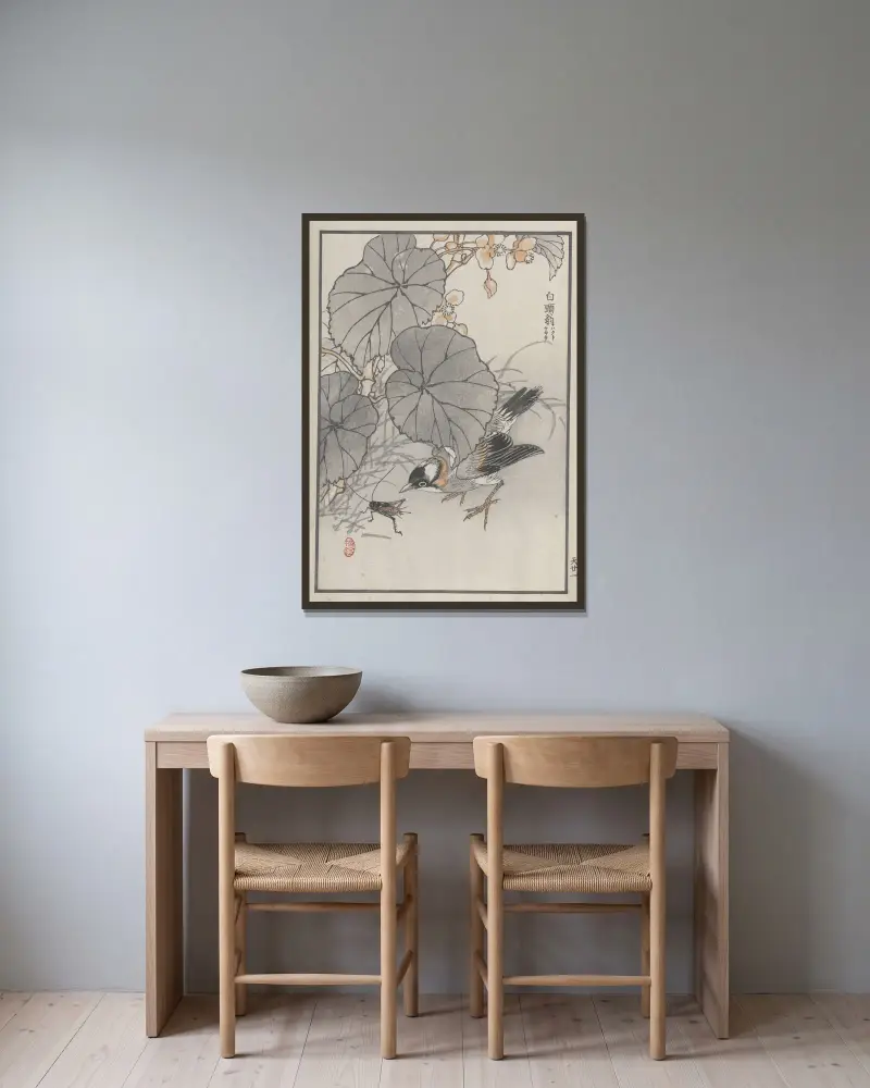 Bairei hyakuchō gafu. Himlen, plansch 41 av Kōno Bairei inramad på en vägg