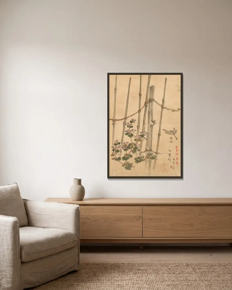 Bambuszaun und Chrysanthemen von Kōno Bairei gerahmt an einer Wand