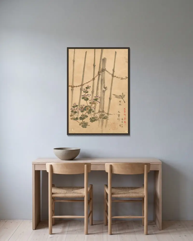 Bambuszaun und Chrysanthemen von Kōno Bairei gerahmt an einer Wand