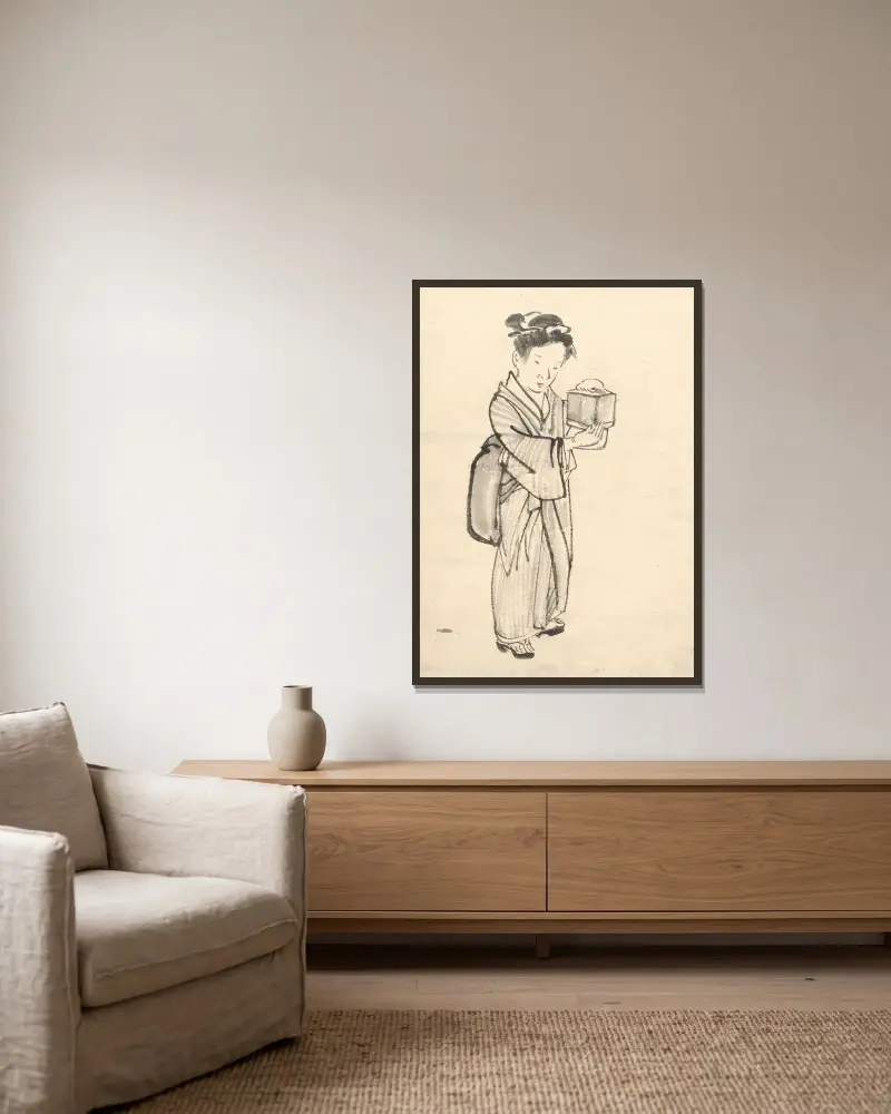 Mädchen mit Grillenkäfig von Kōno Bairei gerahmt an einer Wand