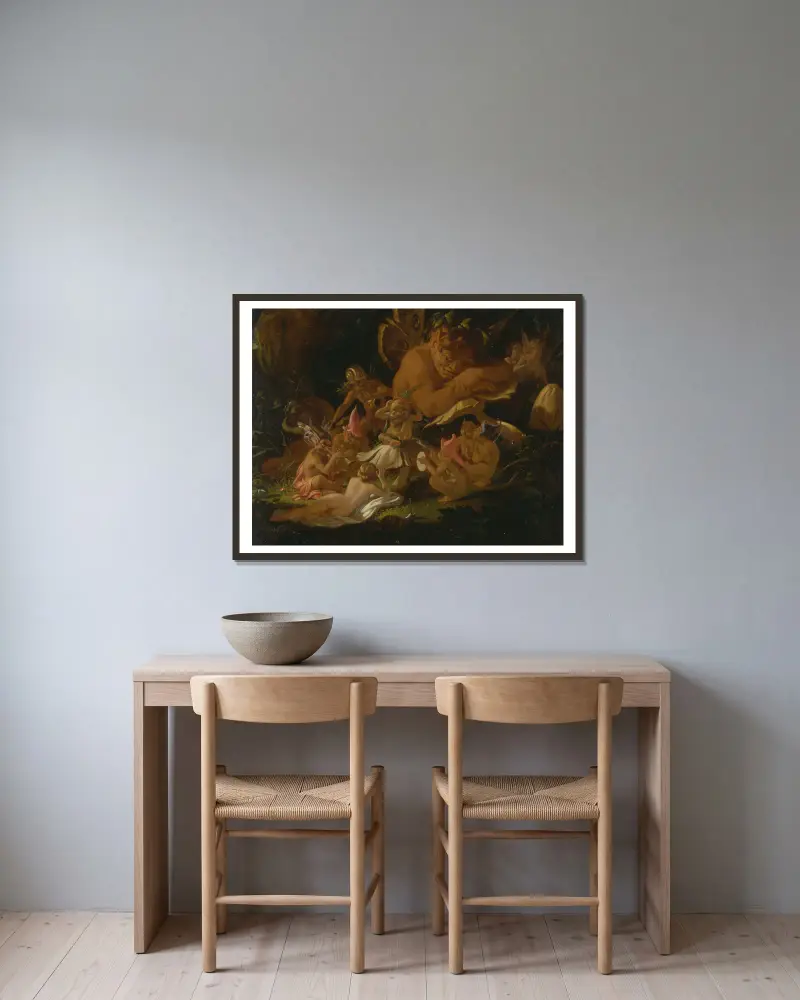 Puck och älvorna, ur En midsommarnattsdröm av Sir Joseph Noel Paton inramad på en vägg