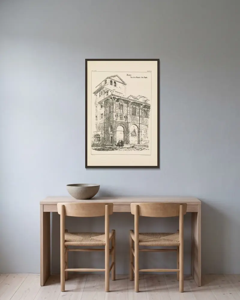 Florenz. Blick auf das Ospedale del Bigallo von Richard Norman Shaw gerahmt an einer Wand