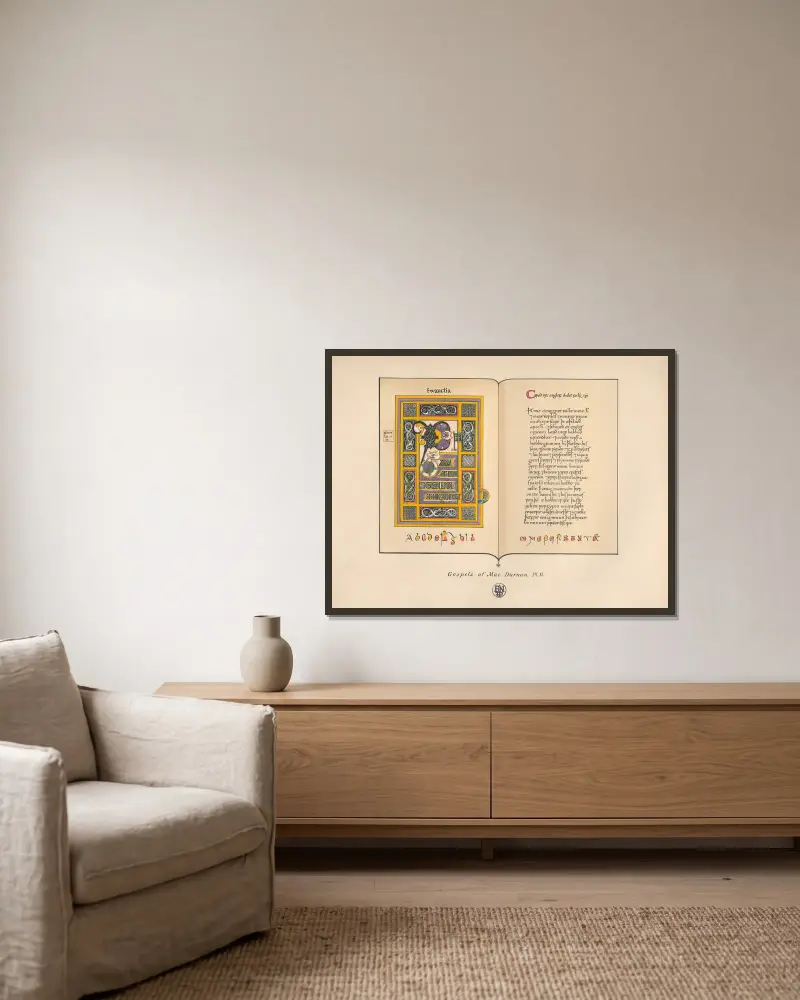 The Gospels of MacDurnan II av John Obadiah Westwood inramad på en vägg