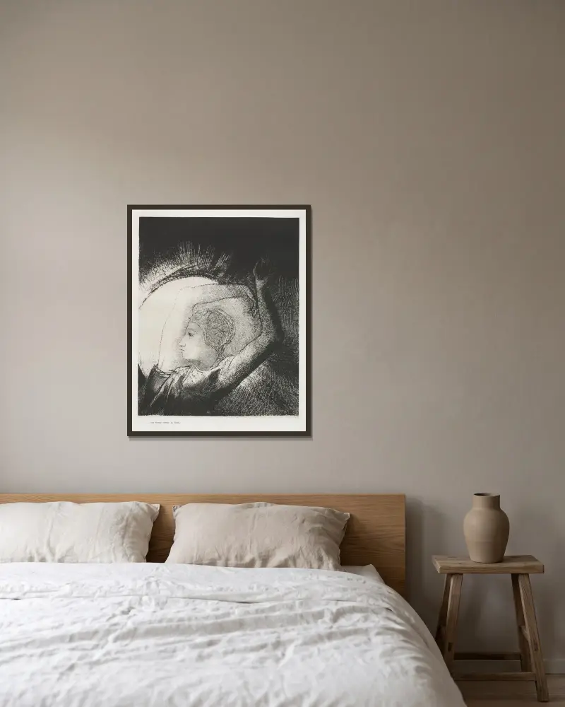 En kvinna klädd i solen av Odilon Redon inramad på en vägg
