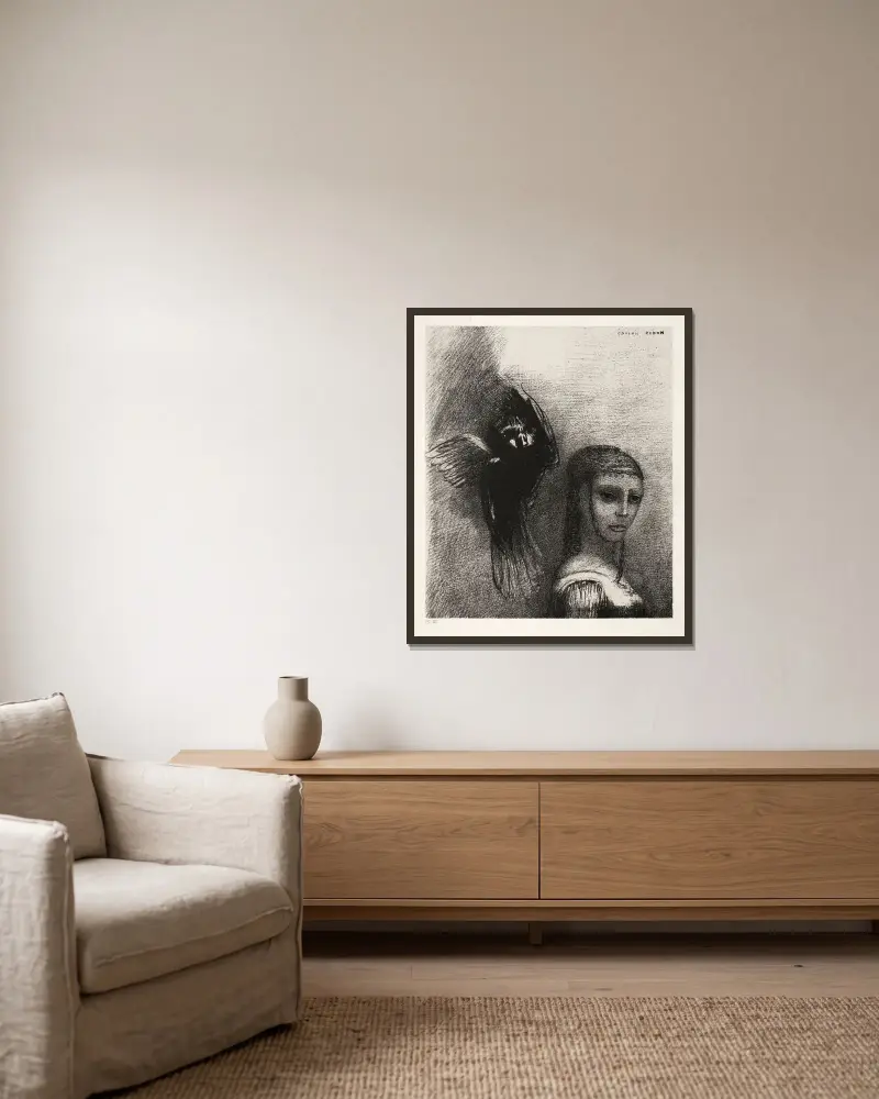 Und ein großer Vogel, der vom Himmel stürzt, wirft sich auf den höchsten Punkt ihres Haares von Odilon Redon gerahmt an einer Wand