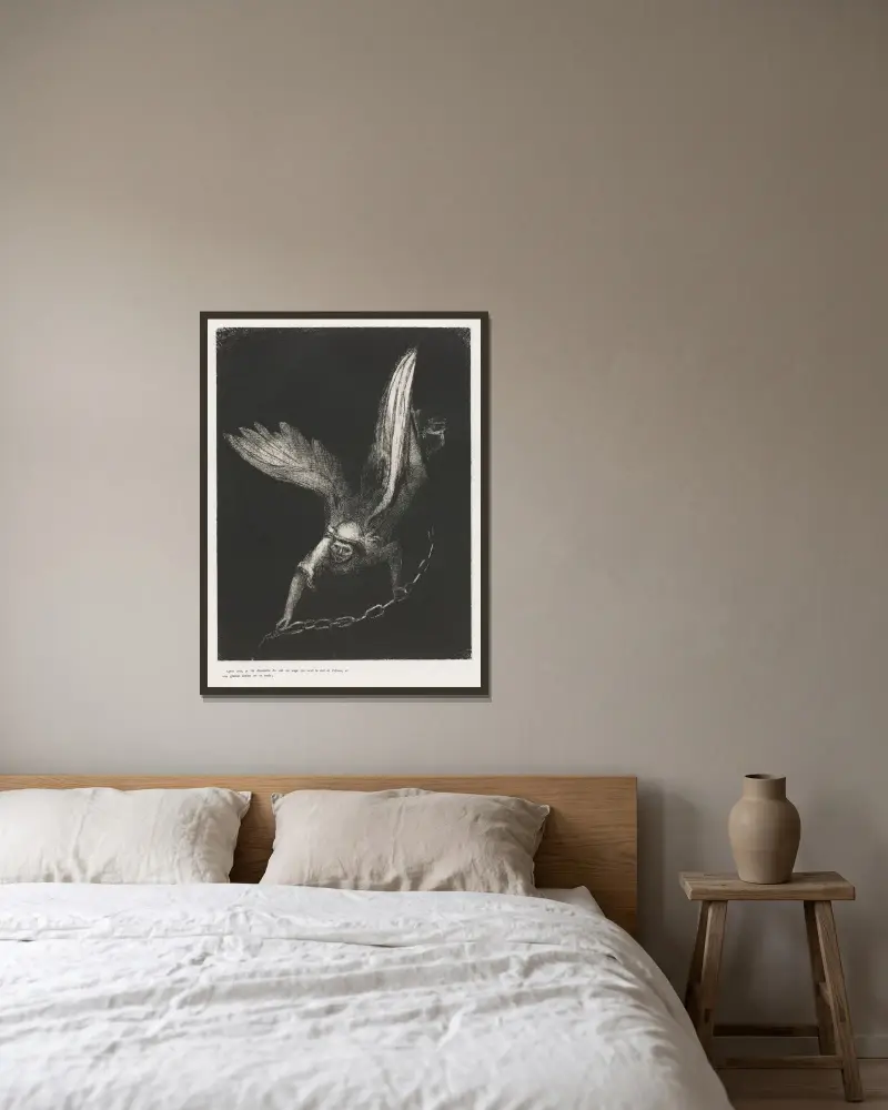 Och jag såg en ängel komma ner från himlen, med nyckeln till avgrunden och en stor kedja i sin hand av Odilon Redon inramad på en vägg