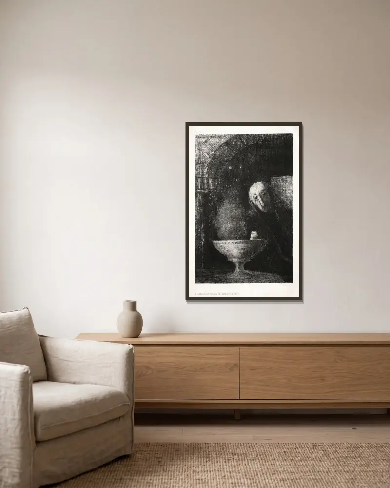Und der Suchende war in eine unendliche Suche verstrickt von Odilon Redon gerahmt an einer Wand