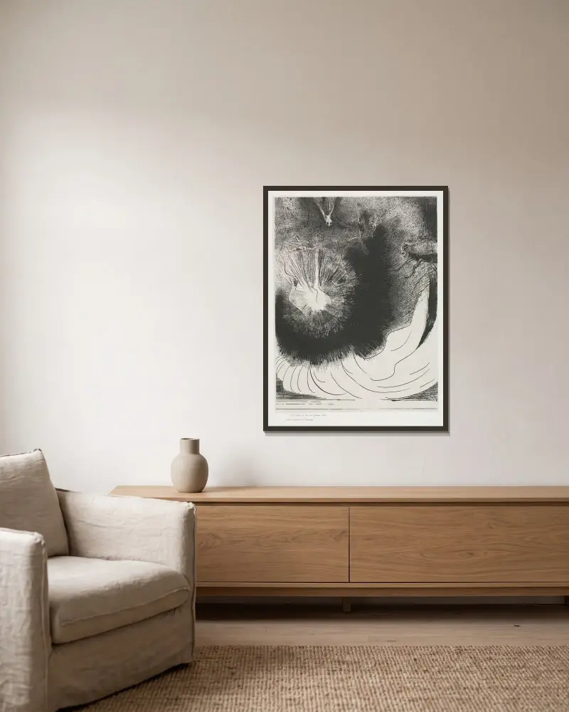 Och en stor stjärna föll från himlen, brinnande som en lampa av Odilon Redon inramad på en vägg