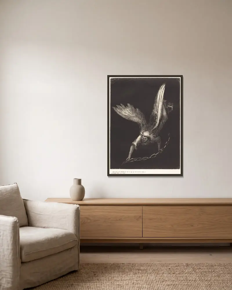 Danach sah ich einen Engel vom Himmel herabsteigen, der den Schlüssel des Abgrunds und eine große Kette in seiner Hand hatte von Odilon Redon gerahmt an einer Wand