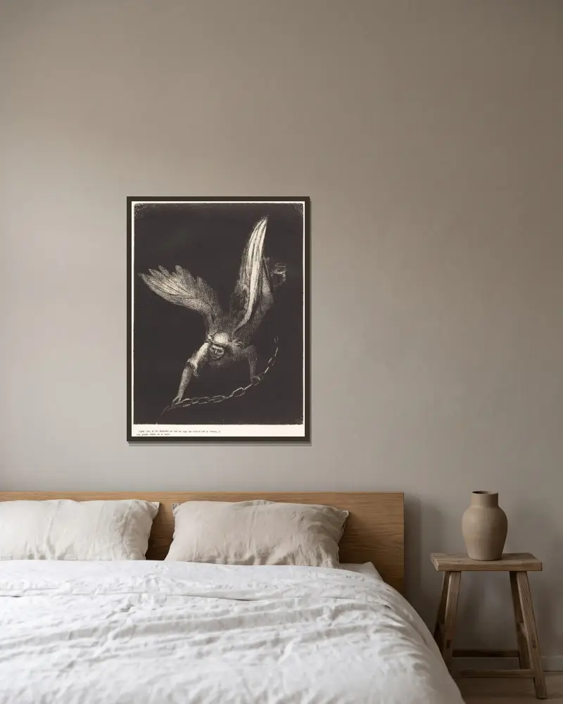 Danach sah ich einen Engel vom Himmel herabsteigen, der den Schlüssel des Abgrunds und eine große Kette in seiner Hand hatte von Odilon Redon gerahmt an einer Wand