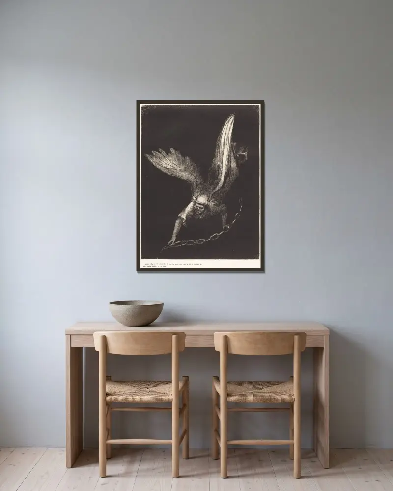 Danach sah ich einen Engel vom Himmel herabsteigen, der den Schlüssel des Abgrunds und eine große Kette in seiner Hand hatte von Odilon Redon gerahmt an einer Wand
