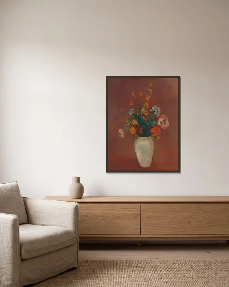 Bouquet in a Chinese Vase av Odilon Redon inramad på en vägg