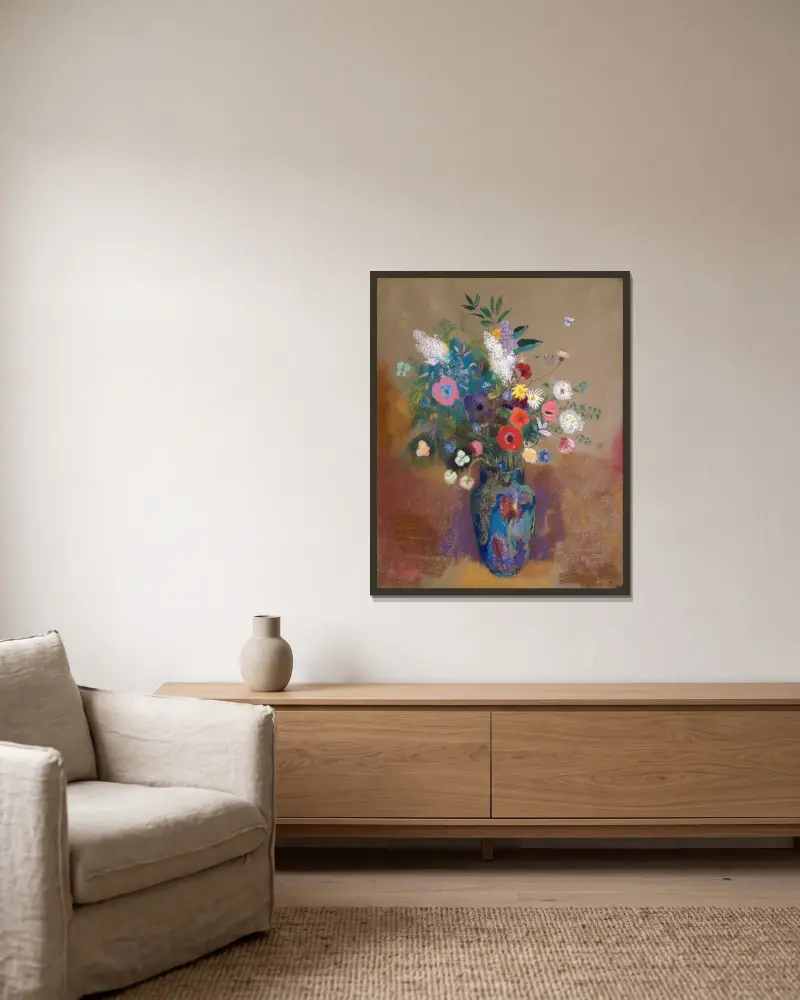 Bouquet of Flowers av Odilon Redon inramad på en vägg