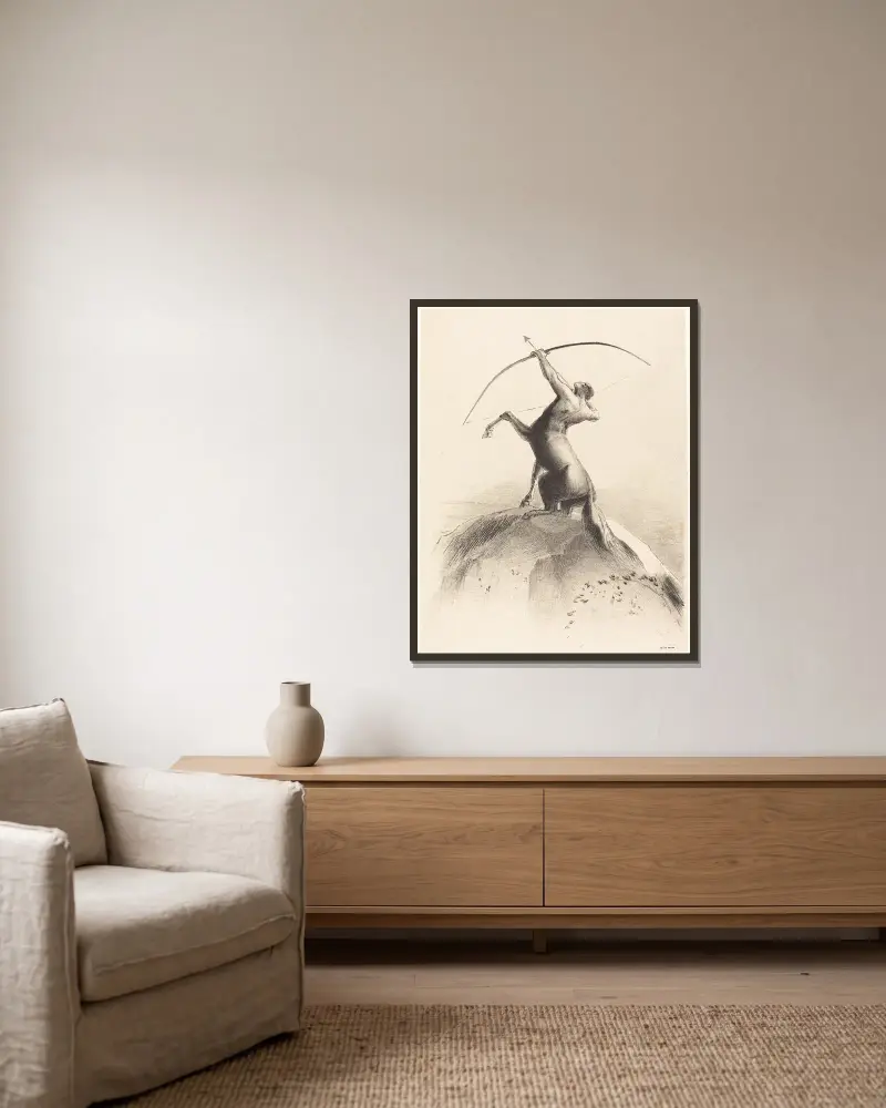 Centaur visant les Nues (Centaur aiming at the Clouds) av Odilon Redon inramad på en vägg