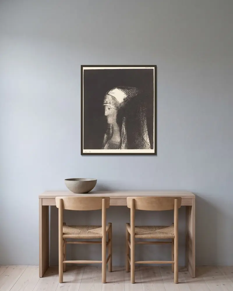 Druidesse av Odilon Redon inramad på en vägg