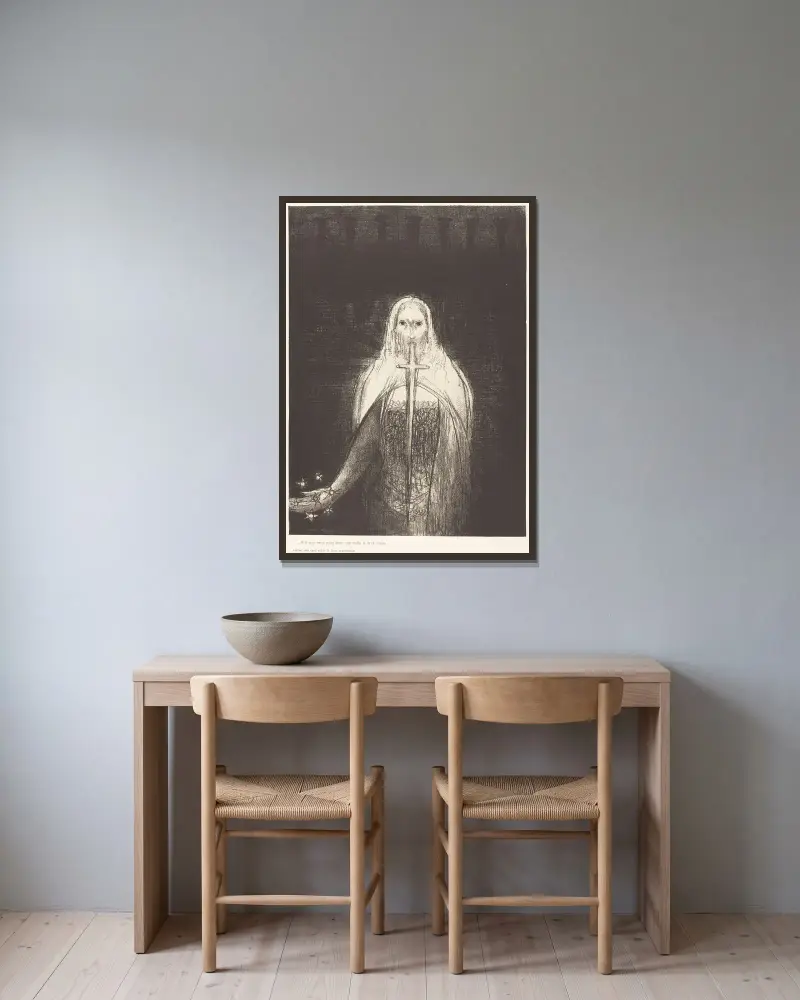 Och i sin högra hand hade han sju stjärnor, och ur hans mun utgick ett skarpt tveeggat svärd av Odilon Redon inramad på en vägg