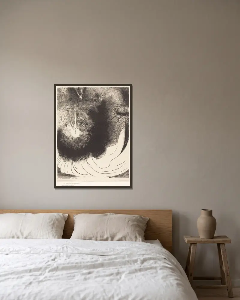 Och från himlen föll en stor och brinnande stjärna av Odilon Redon inramad på en vägg